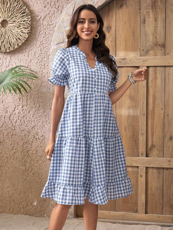 EMERY ROSE Gingham Print Puff Sleeve Ruffle Hem Smock Dress | SHEIN