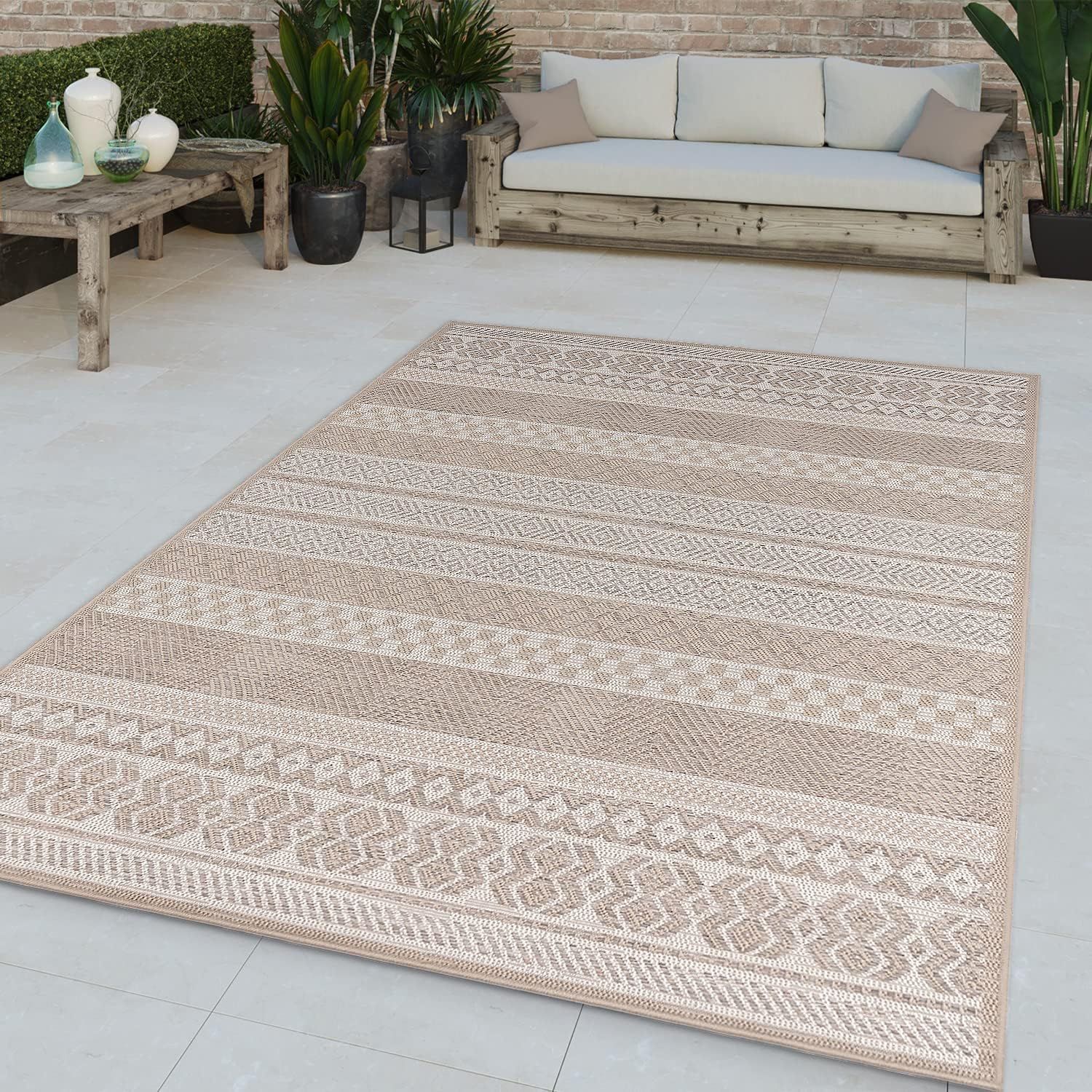 Outdoor Rug for Patio or Balcony Modern flatweave Boho Ornaments in Beige Cream, Size: 3'11" x 5'... | Amazon (US)