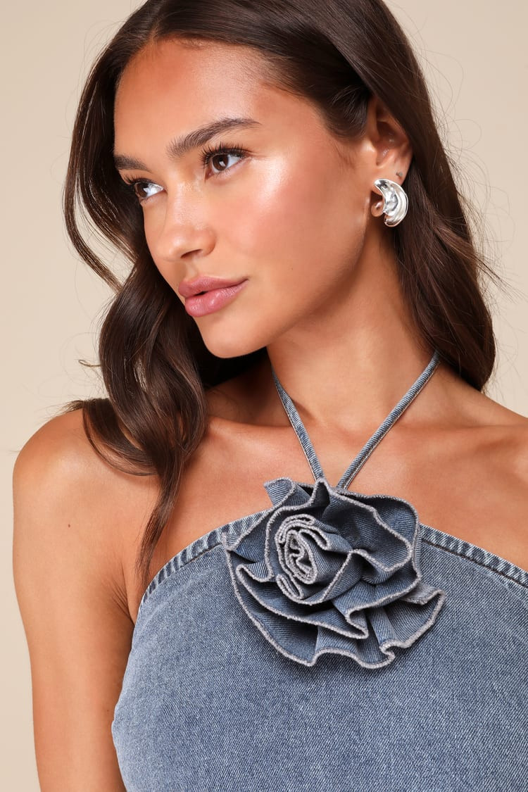 Favorite Reference Light Wash Denim Rosette Halter Top | Lulus