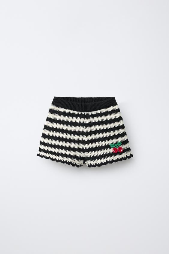 CROCHET KNIT CHERRY STRIPED SHORTS | Zara US
