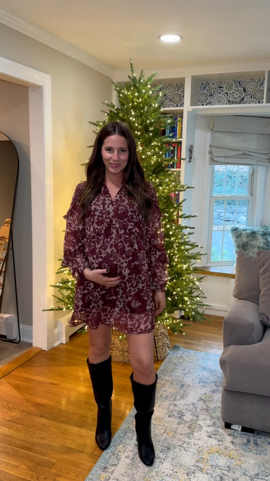 THANKSGIVING OUTFIT IDEA!!! 
*bump friendly
*on saleeee 
*comfortable 

Size small in dress & coat 
Shoes are TTS 

#LTKSaleAlert #LTKFindsUnder50 #LTKFindsUnder100