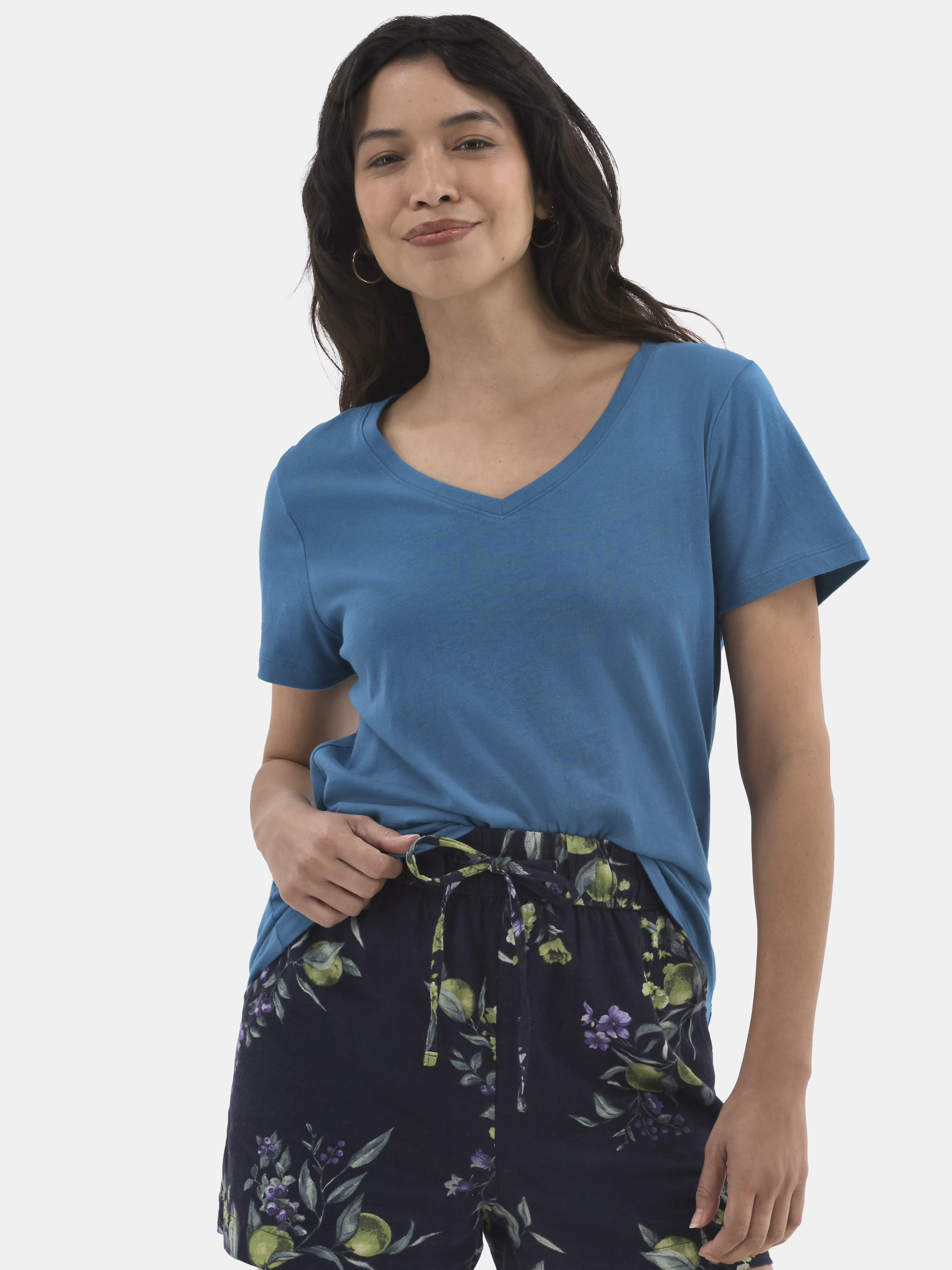 Time and Tru Women's Cotton V-Neck Tee with Short Sleeves, Sizes XS-XXXL | Walmart (US)