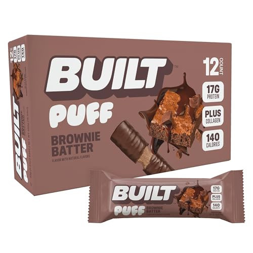 Built Bar, Puff Protein Bars, Brownie Batter Puff, 17g Protein Snacks, On-The-Go Bars, Only 140 Calories, 6g Sugar, Collagen, Gluten Free, 12 Count | Amazon (US)