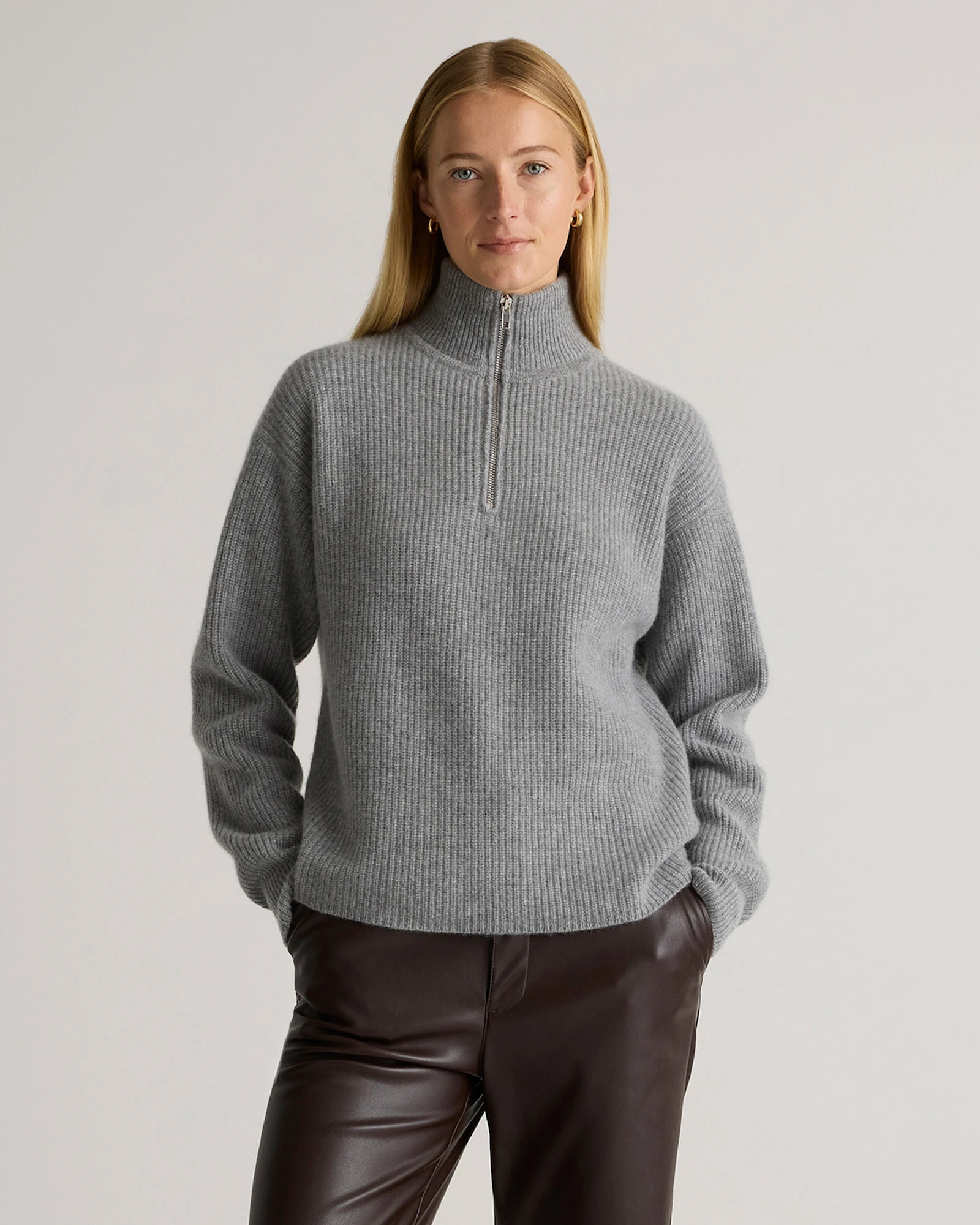 Mongolian Cashmere Fisherman Quarter Zip Sweater in Heather Grey | Quince