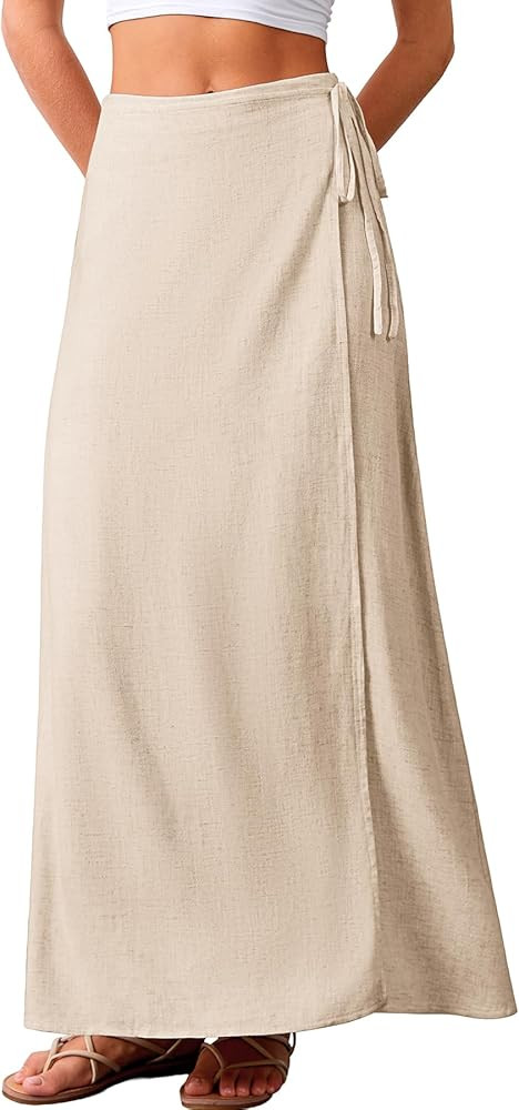 ELLEVEN Linen Wrap Maxi Skirt Elastic Back Waistband Flowy A Line Summer Casual Long Skirt | Amazon (US)