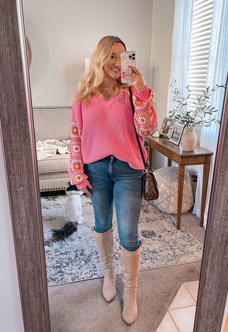 Perfect sweater for spring!! Love the crochet details on the sleeves 💖 
I’m wearing a size medium in the sweater. 
Boots are no longer in stock at Target so I liked similar finds!

#LTKfindsunder100
