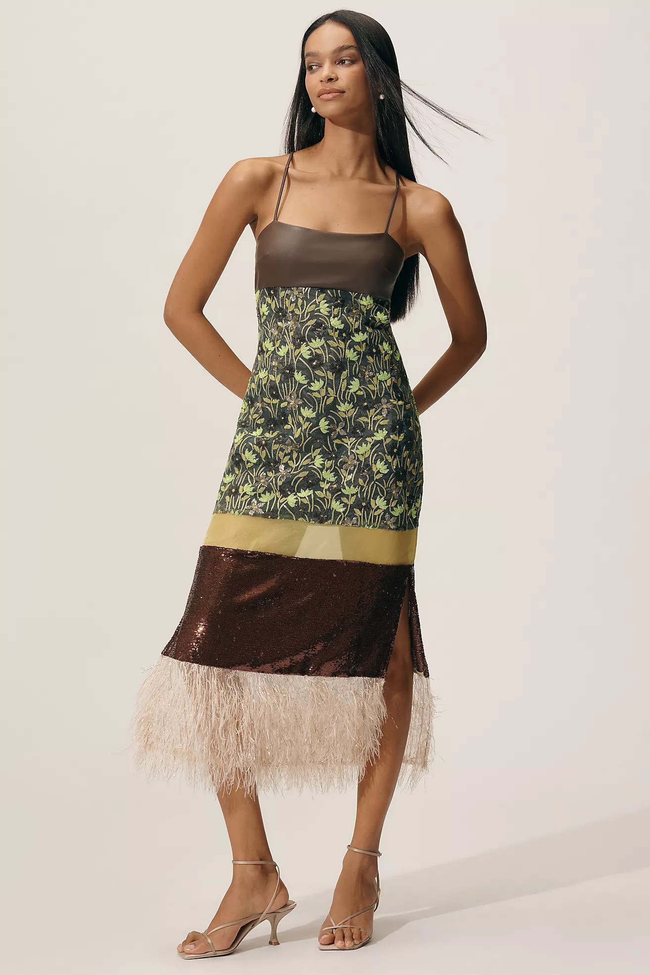 By Anthropologie Mixed Floral Faux-Feather Midi Dress | Anthropologie (US)