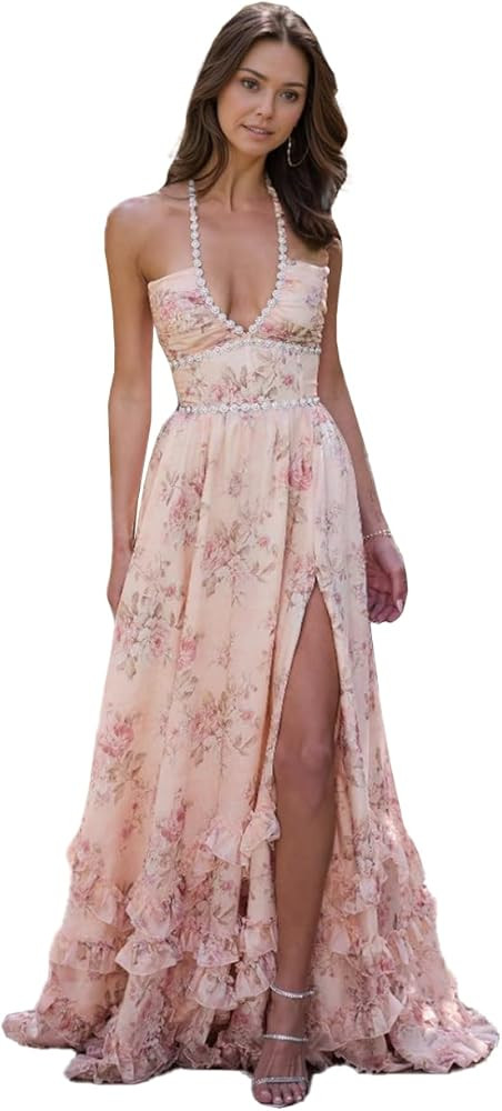 Printed Floral Pearl Prom Dress Chiffon Vintage Formal Ball Gown Strapless Evening Party Dresses ... | Amazon (US)