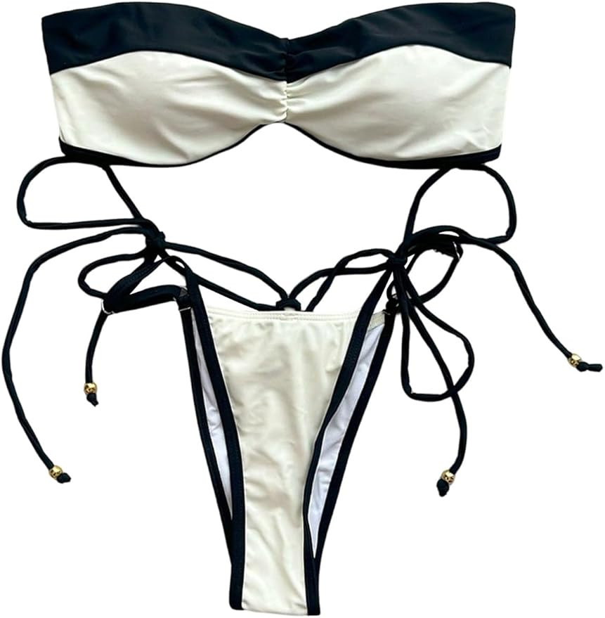 Floerns Women's Bikini Sets Colorblock Strapless Bandeau Swimsuit Tie Side String Bathing Suit | Amazon (US)
