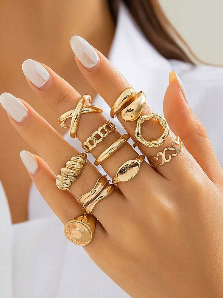 10pcs/Set Women Vintage Metal Geometric Multilayer Ring Set, Punk Hip Hop Gold Metal Knuckle Ring... | SHEIN