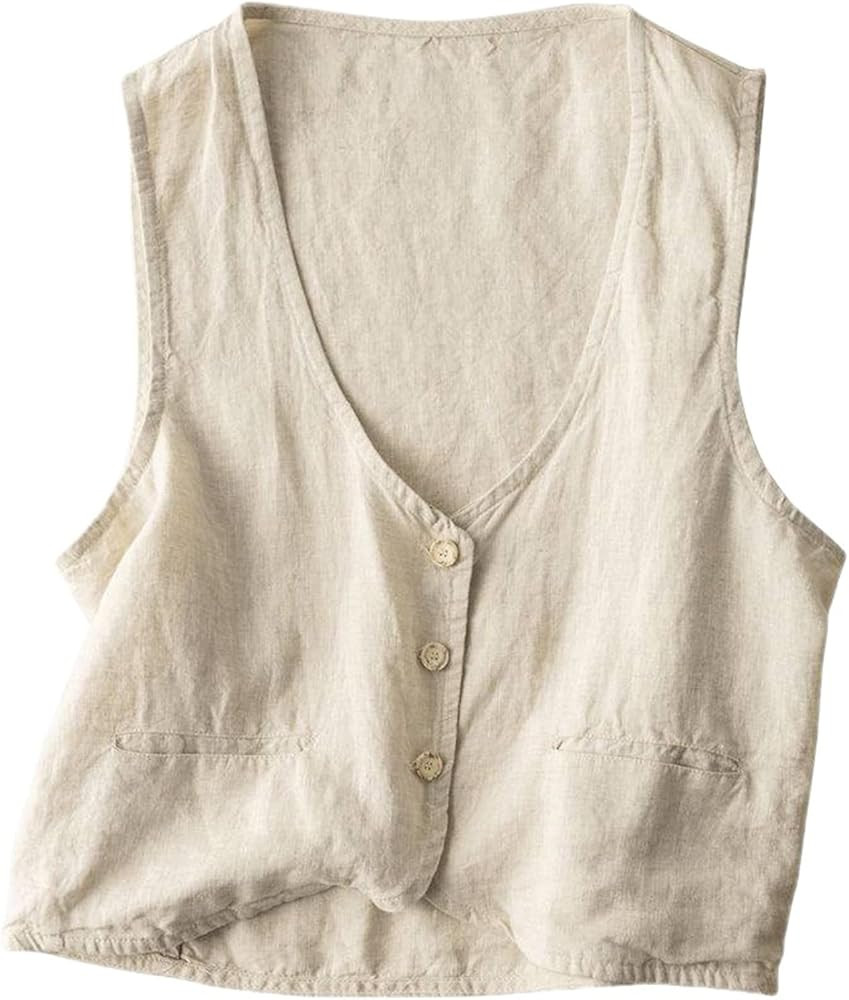 Women's Linen Sleeveless Vest Casual V Neck Button Down Blazer Waistcoat Jacket(Apricot,M) | Amazon (US)