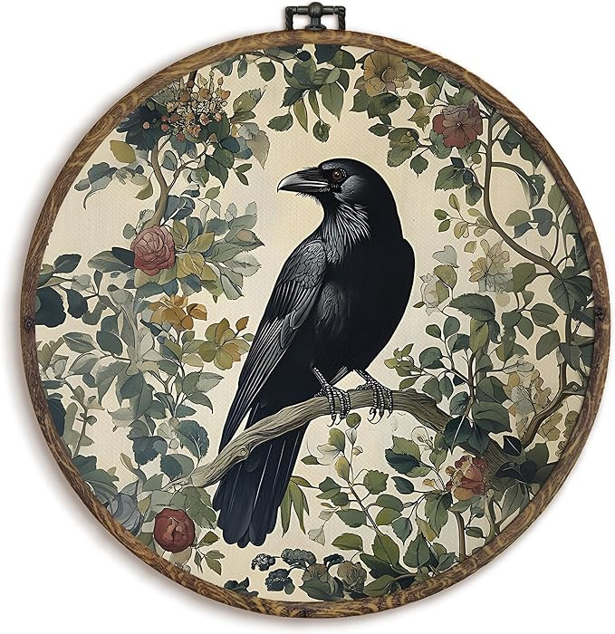 KFXHANGD Gothic Black Raven Crow Round Wall Art Framed, Vintage Dark Academia Raven Botanical Can... | Amazon (US)
