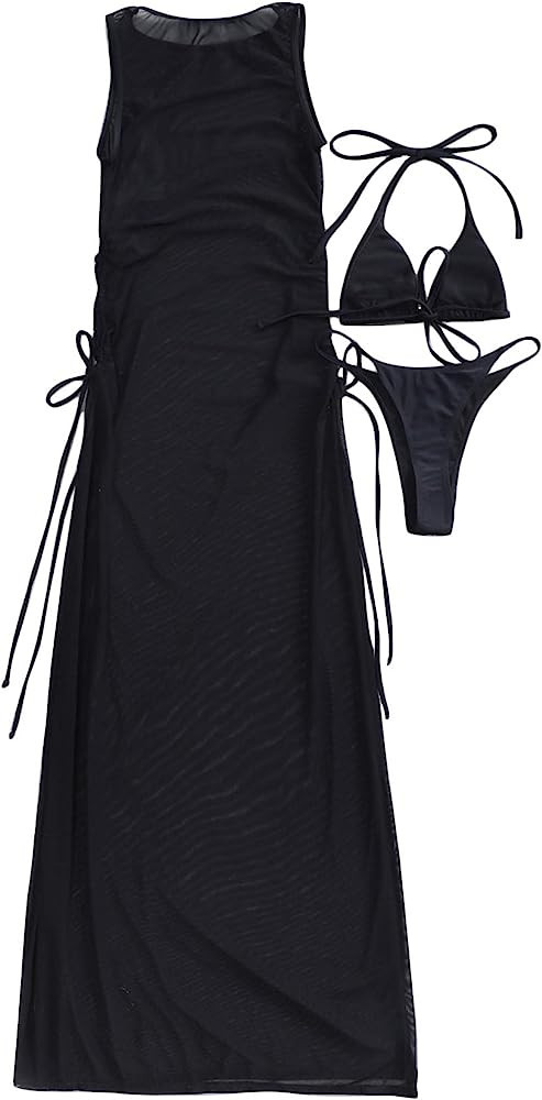 SheIn Women's Black Sexy 3 Piece Swimsuits Mesh Cover Up Micro Triangle Halter Bikini Set | Amazon (US)