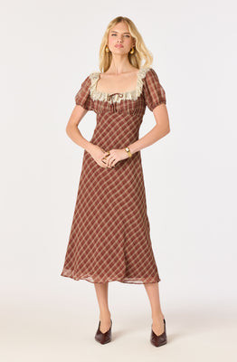 ASTR the Label | Edwardine Plaid Puff Sleeve Midi Dress in Wine plaid |  Size M | ASTR The Label (US)