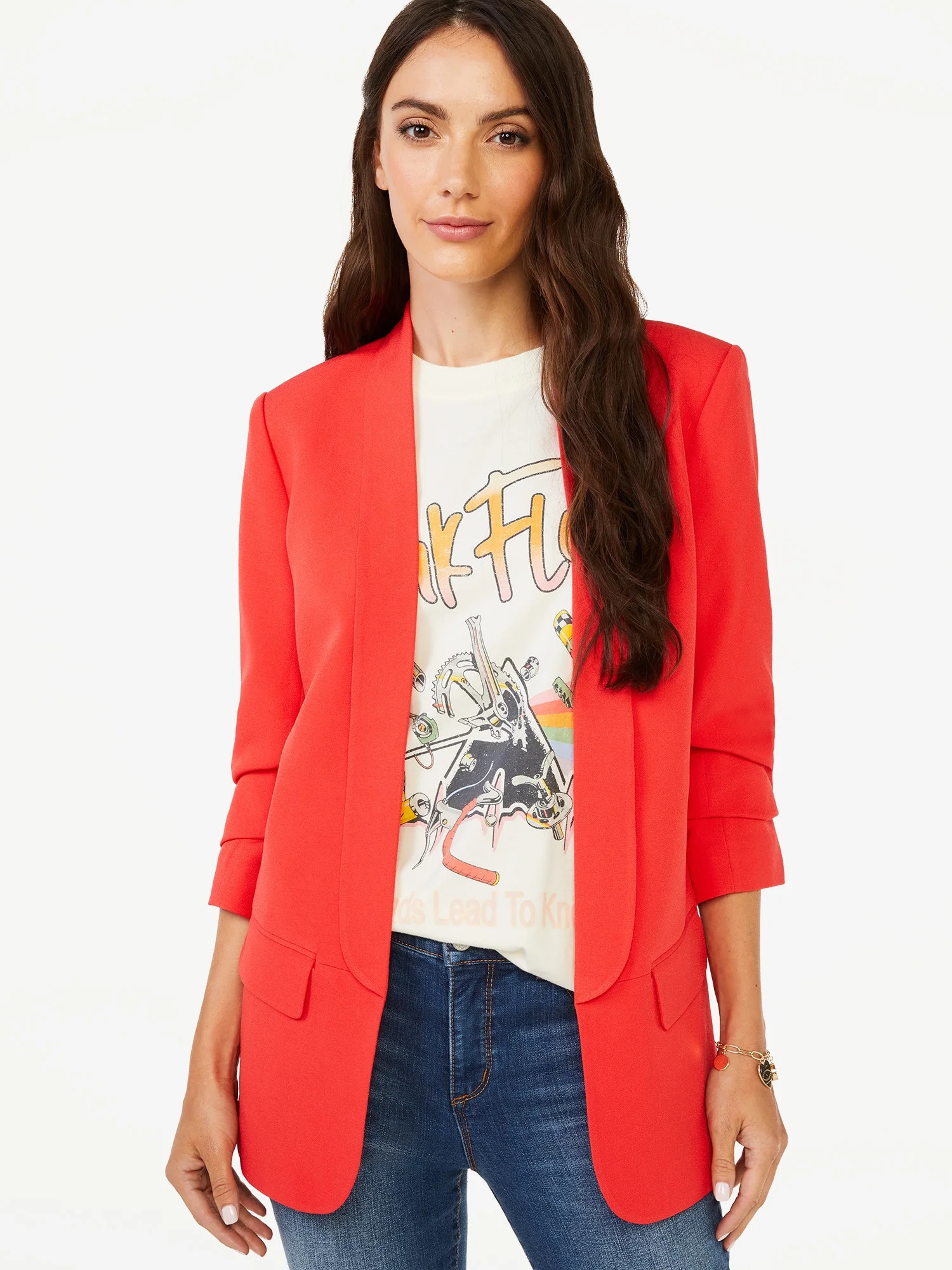 Scoop Women's Boyfriend Blazer with Scrunch Sleeves - Walmart.com | Walmart (US)