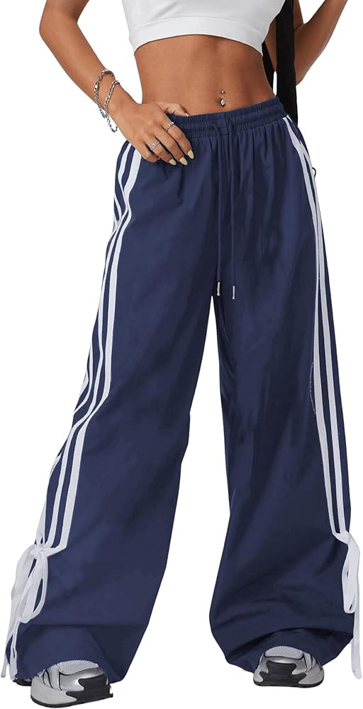 Women's Y2K Baggy Bow Wide Leg Pants Striped Track Elastic Waist Long Sweatpants Parachute Pants | Amazon (US)