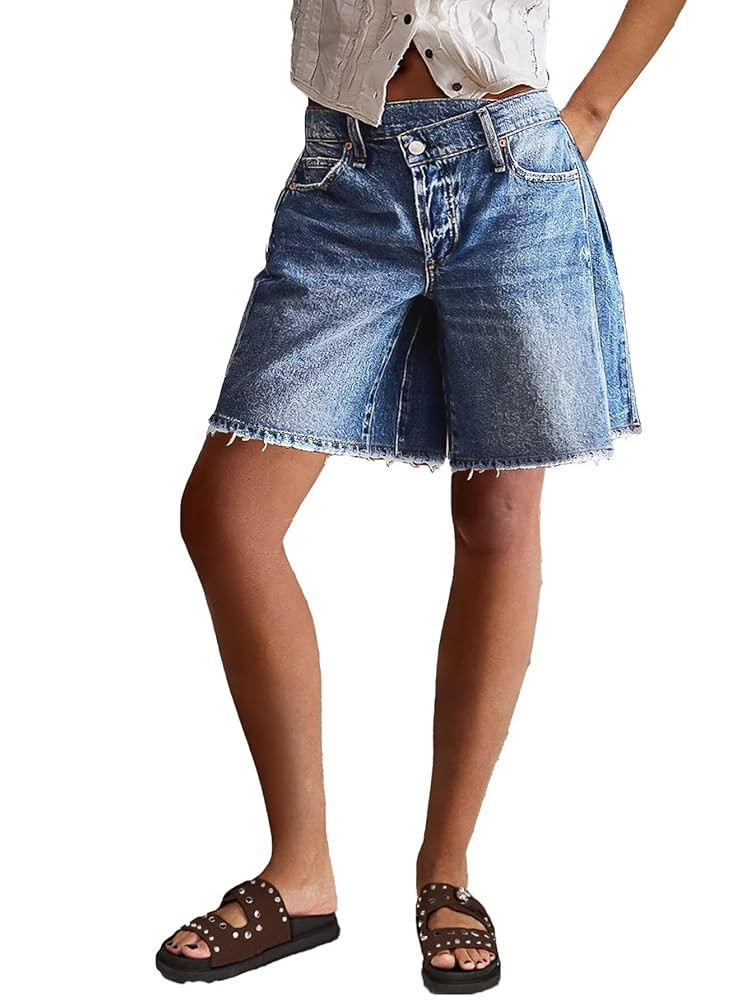 Flamingals Women's Jean Shorts Mid Waisted Wide Leg Summer Strechy Raw Hem Asymmetrical Trendy De... | Amazon (US)