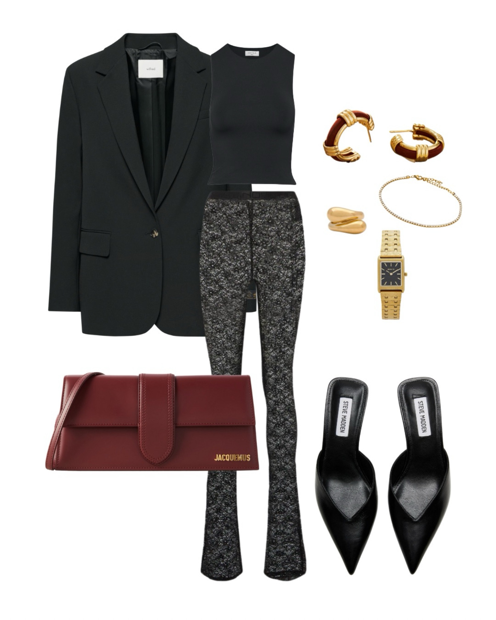 Black lace pants paired with a black blazer and a pop of burgundy  

#LTKSeasonal #LTKShoeCrush #LTKFallSale