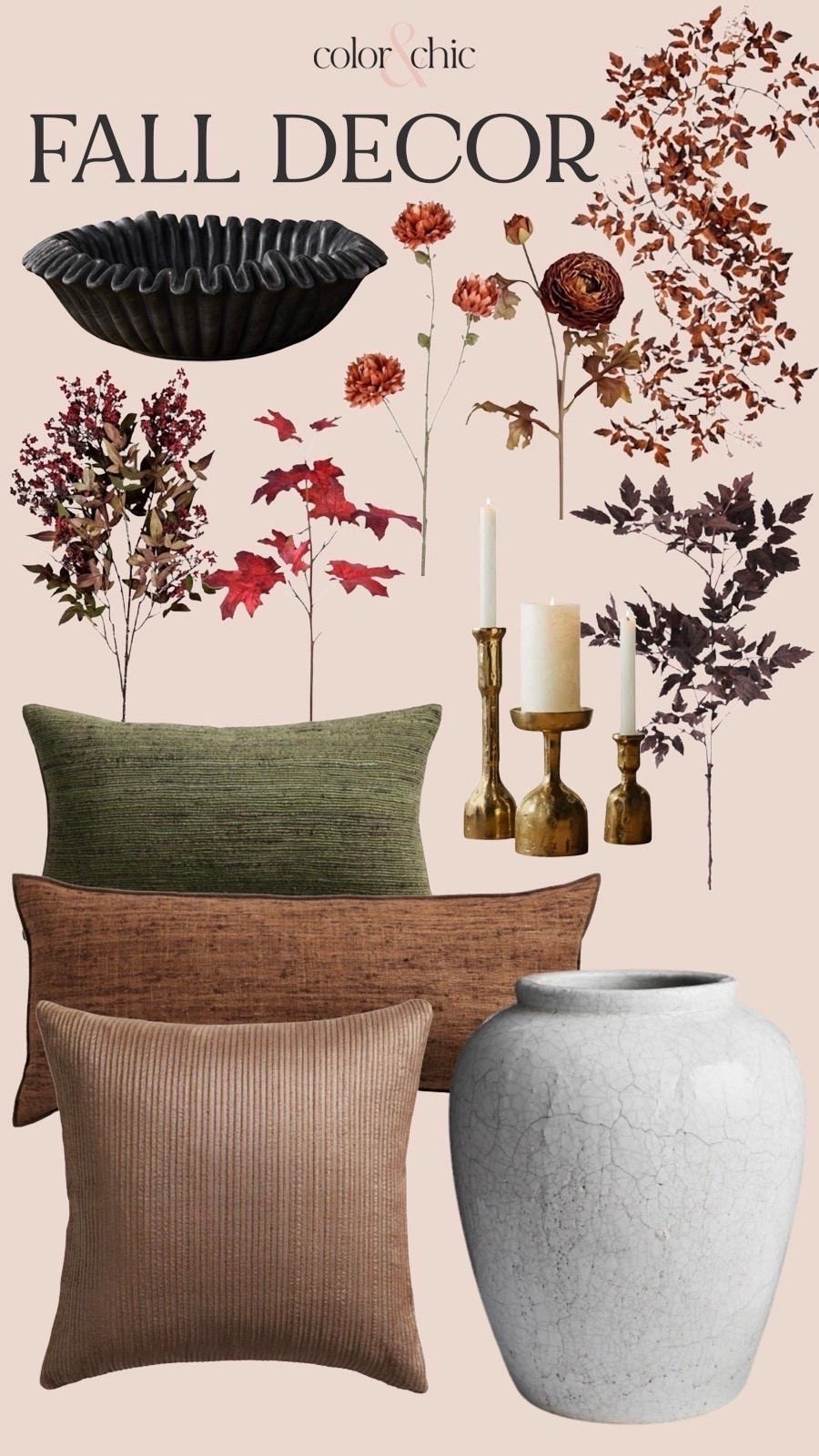 Fall decor I’m loving and we currently have in our transitional living room! Love the brown leaf garland, quality faux stems you can bring out every year and the oversized vase I like to leave out year long so you don’t have to think about it. There pillow covers are gorgeous and easy to care for, too! 