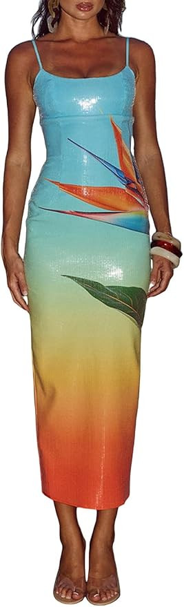 Amazon.com: UAURORAO Gradient Sequin Maxi Dress for Women Spaghetti Strap Tropical Floral Sparkly... | Amazon (US)