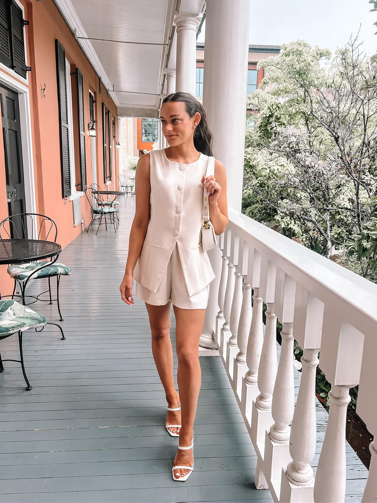 Charleston outfit / summer outfit- Summer set- love this! wearing a S in apricot, heels true to size. 2 piece short set/white heels
 

 #LTKSummerEdit #LTKPetite #LTKFindsUnder50