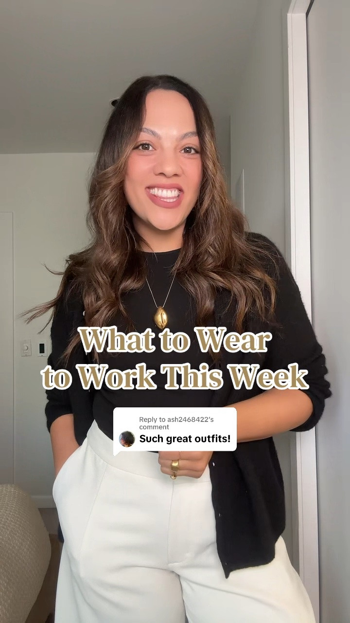 Here is what you can wear to work this week!

Monday:
-Sézane black cardigan, I have a size large.
-Black tank top, similar options linked.
-Aritzia white tailored trousers, I have a size 10. 
-Coach brown suede shoulder bag.

Tuesday:
-Aritzia black silky blouse, I have a size medium.
-Aritzia pleated midi skirt, I have a size medium. Same skirt, different colours linked.
-Aritzia black and brass belt.
-Black kitten heels, similar options linked.

Wednesday:
-Quince white linen pullover shirt, I have a size medium. 
-Aritzia brown tail trousers, I have a size 10 long.
-Gold kitten heels similar options linked.

Thursday:
-Aritzia white sleeveless vest top, I have a size 10.
-Anthropologie black poplin midi skirt, I have a size medium.
-Zebra print slingback kitten heels, similar option linked.

Friday:
-Banana Republic black flowy top, I have a size medium. 
-Aritzia taupe barrel trousers, I have a size 10. 
-Anthropologie brown beaded necklace.

#LTKworkwear #LTKsummer #LTKstyletip