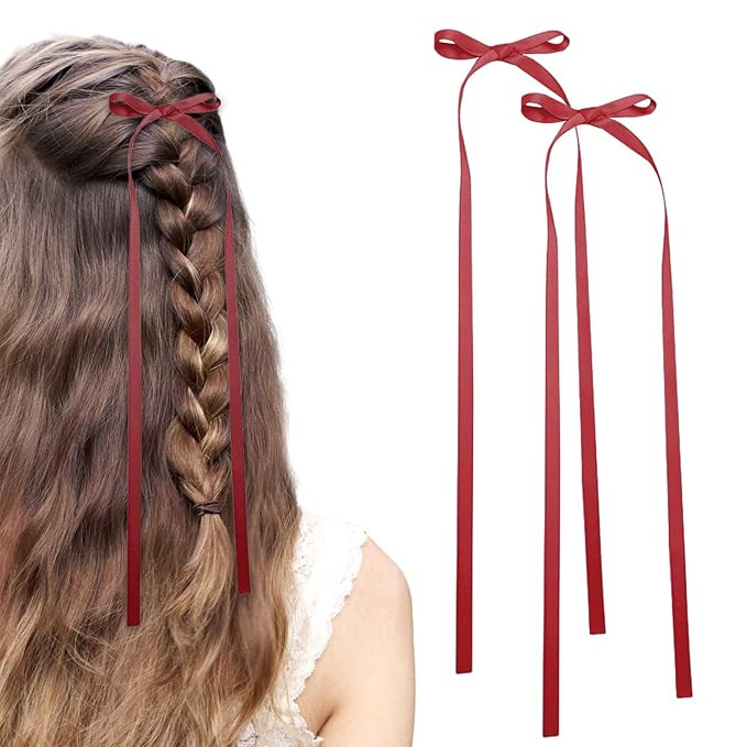 Bow Hair Clips,2 PCS Red Hair Bows Tassel Hair Ribbons,Long Hair Bow Satin Hair Clip Ribbon Acces... | Amazon (US)