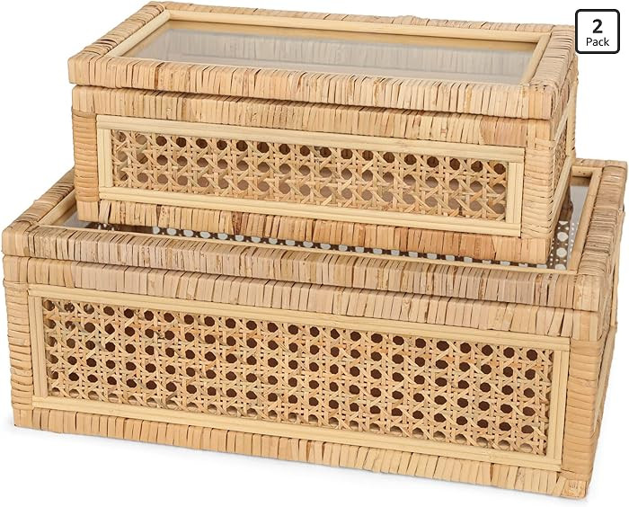 Large Handwoven Boho Rattan Display Boxes with Glass Lids - Set of 2 Rectangular Decorative Stora... | Amazon (US)