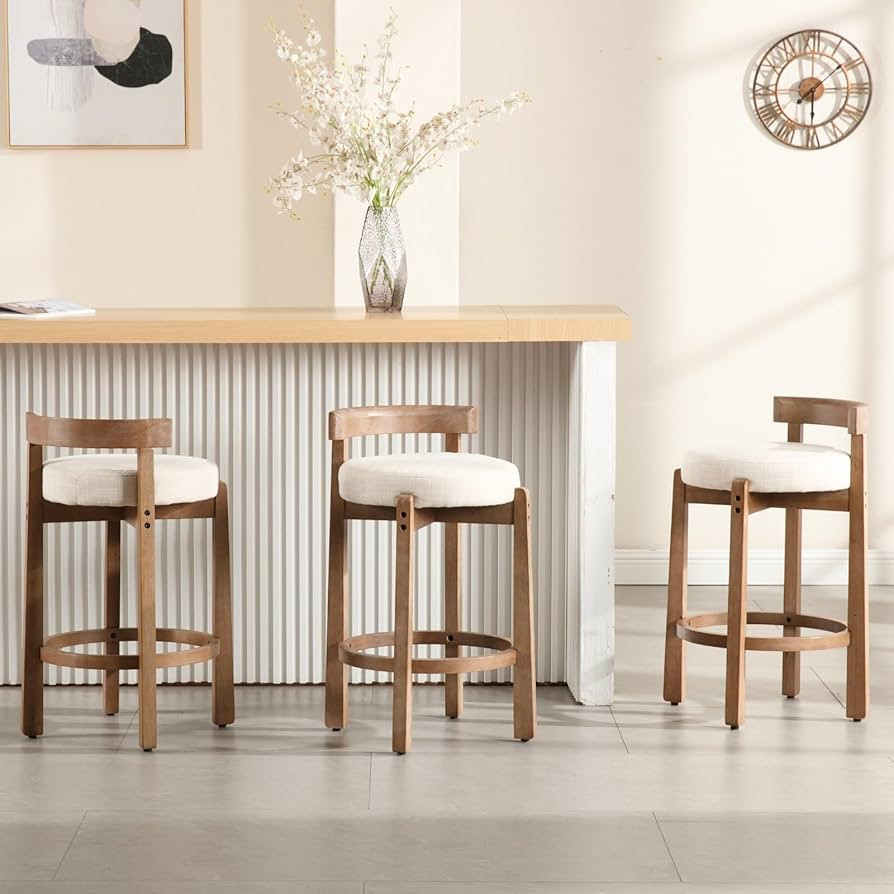 HEAH-YO Mid Century Modern Bar Stools Set of 3, 26.5" Counter Stools with Back, Linen Upholstered... | Amazon (US)