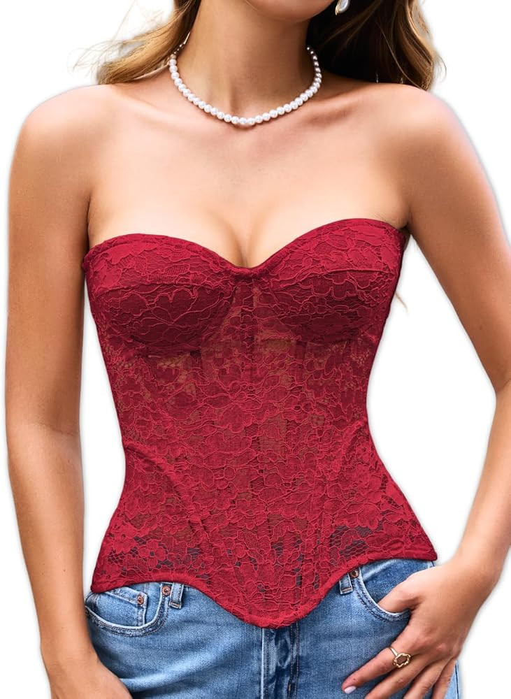 ChiaoLezhee Women's French Romance Corsets, Sheer Floral Lace Fits 00-16, Push-Up Bustier with Bo... | Amazon (US)