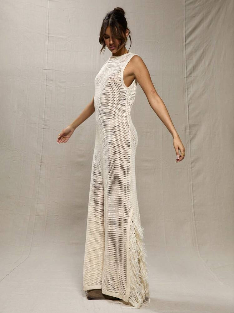 MUSERA Boho Cream Crochet Knit Long Sleeve Maxi Dress Vacation Summer | SHEIN