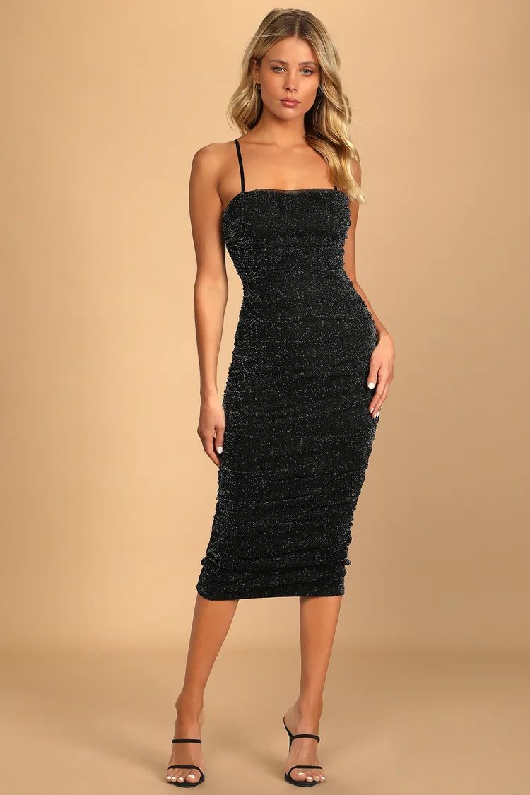 Here to Dazzle Black Metallic Ruched Mesh Bodycon Midi Dress | Lulus (US)