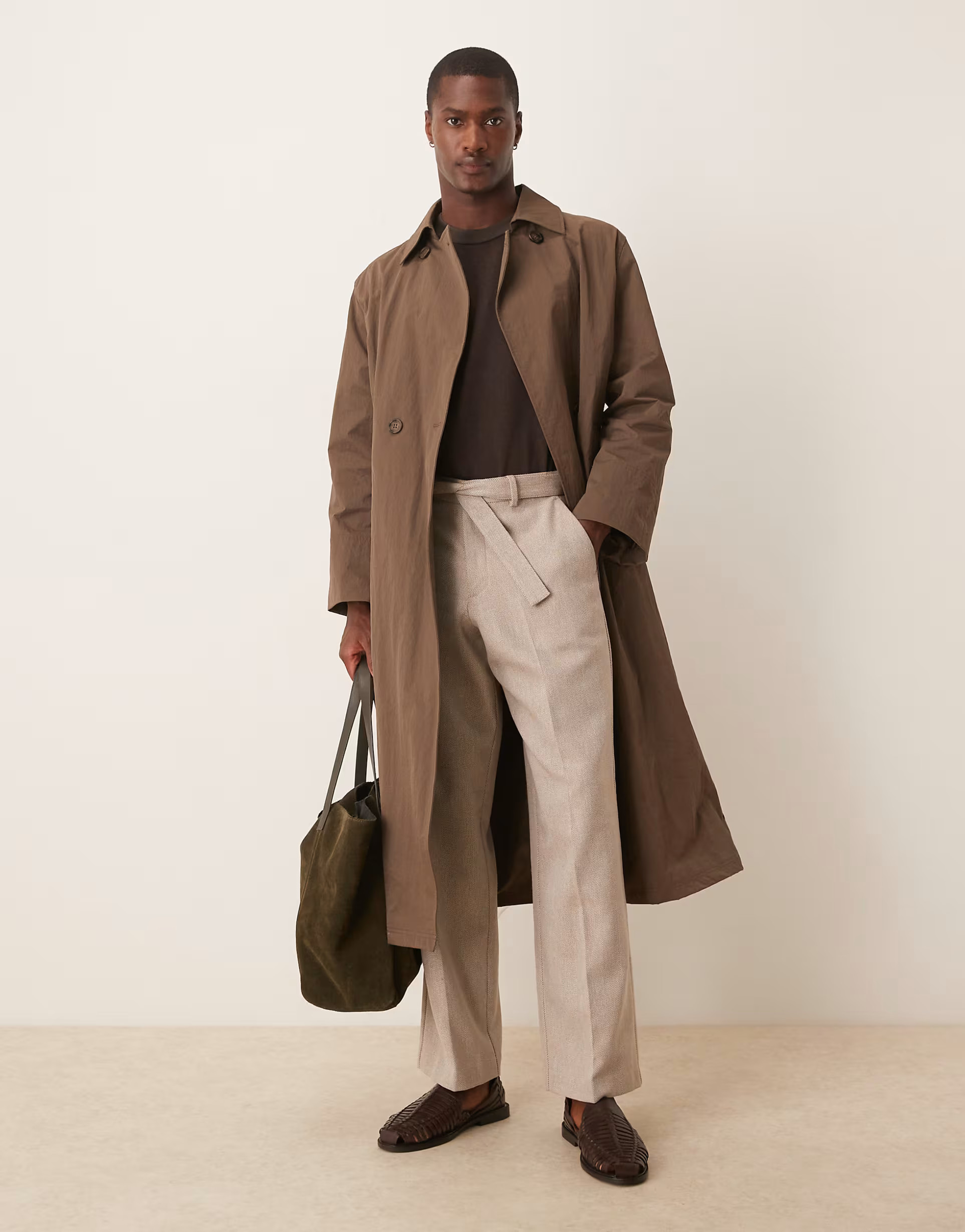 ASOS DESIGN smart belted wide leg trousers with wool in beige herringbone | ASOS (Global)