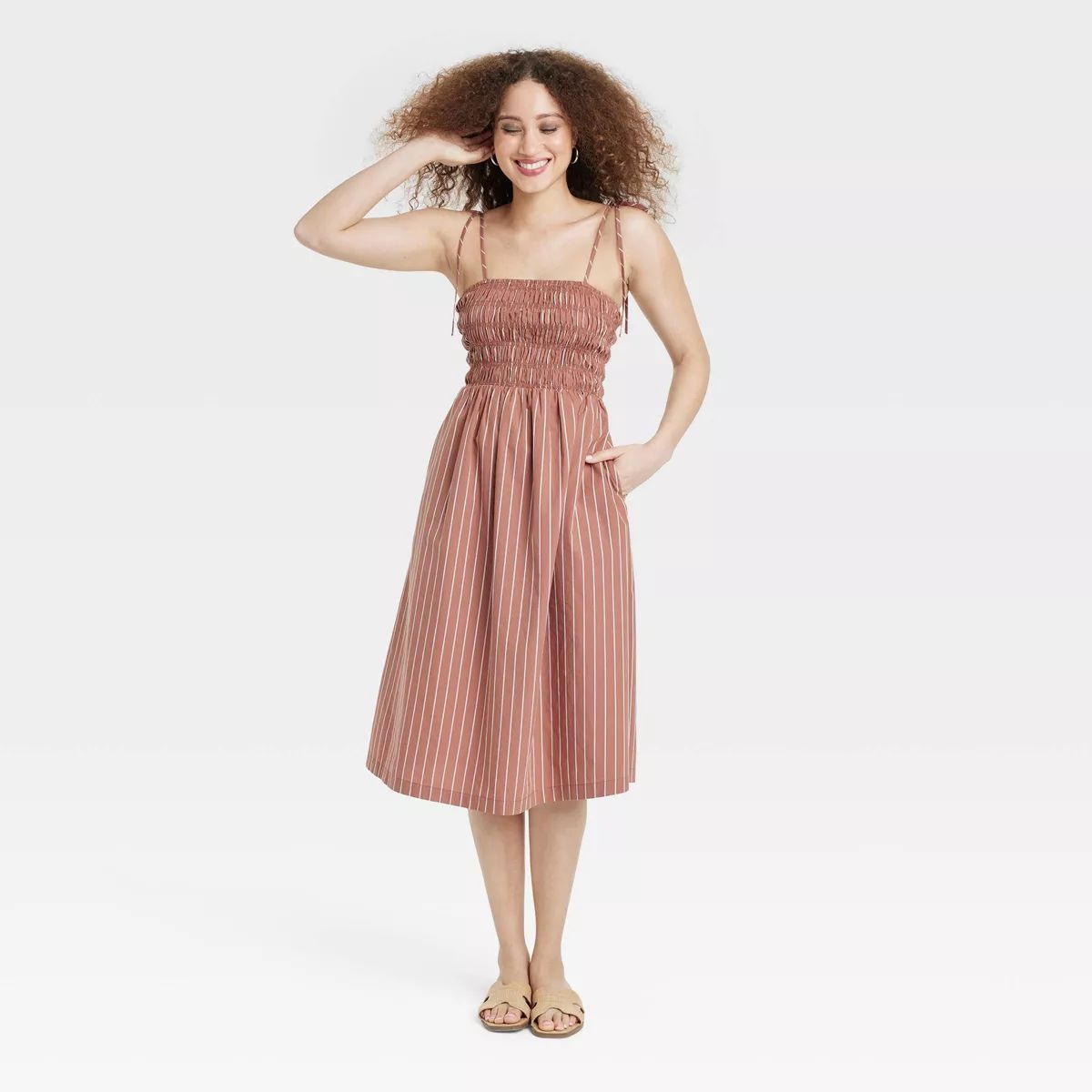 Women's Midi Smocked Sundress - A New Day™ Brown Striped XS | Target