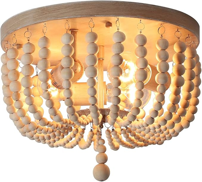 Lariko Boho Chandelier Wood Beaded Farmhouse Light Fixture 3-Lights Semi Flush Mount Ceiling Ligh... | Amazon (US)