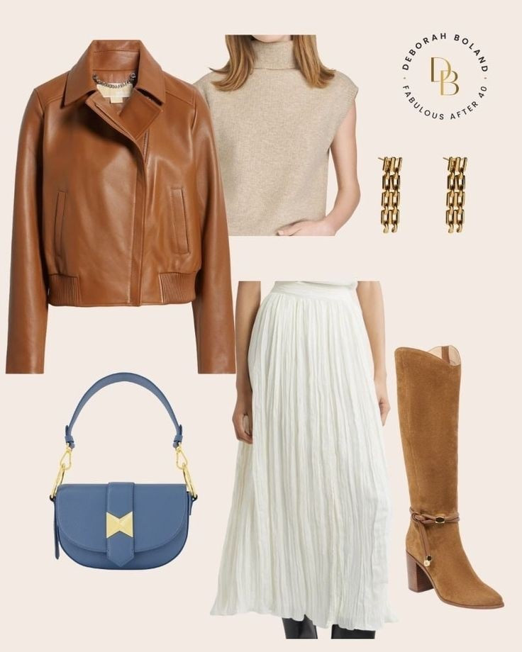 Effortless fall chic 🍂✨ This look blends cozy and polished with a buttery tan leather bomber jacket, knee-high suede boots, and a flowy white skirt that moves with you. A soft sleeveless knit keeps things refined, while gold link earrings and a pop-of-color blue bag add the perfect finishing touches. From weekend brunch to gallery strolls, this outfit is your go-to for looking fabulous without trying too hard. 🤍 #FallStyle #EffortlessChic #FabulousAfter40 

#LTKSeasonal #LTKStyleTip #LTKOver40