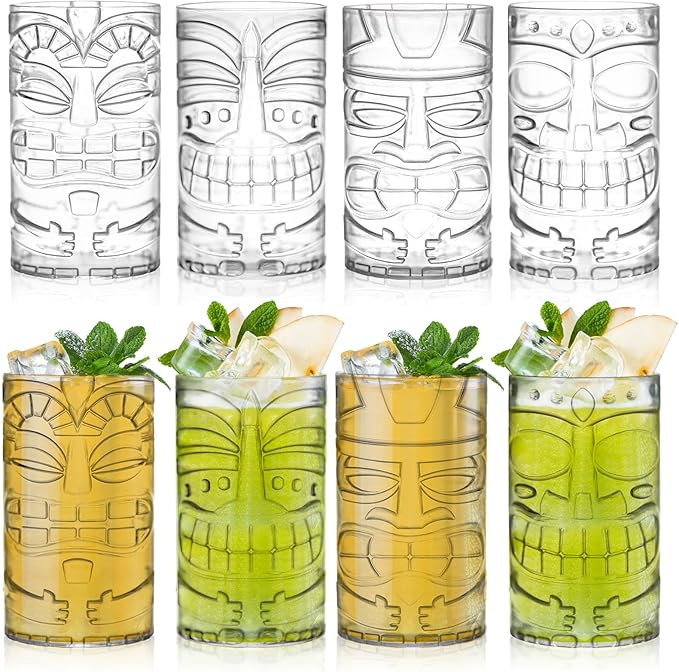 8 Pack 17oz Plastic Tiki Cups, Clear Tiki Plastic Mug Cups, Tiki Hawaiian Party Drinking Tumblers... | Amazon (US)