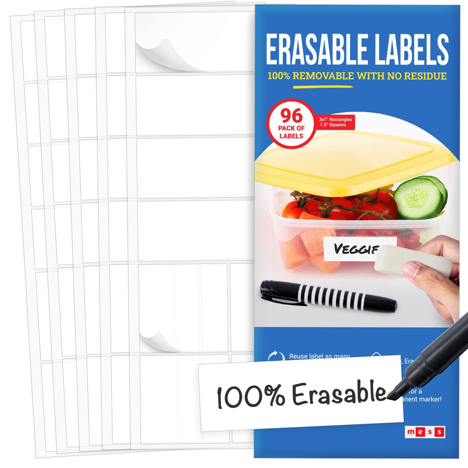 MESS Erasable Kitchen Labels, 96-Pack (1x3 & 1.5") – White Dry Erase Stickers for Pantry, Jars,... | Amazon (US)