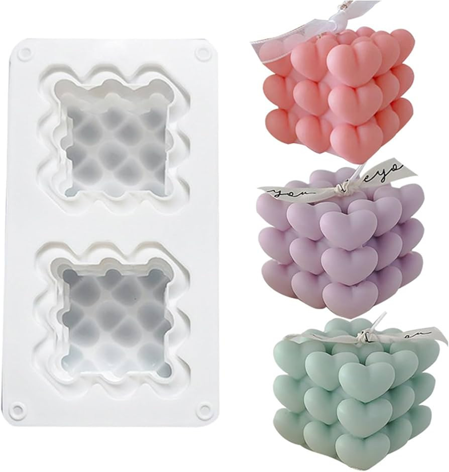 SEIHDHIK 2 Cavity Heart Bubble Cube Candle Molds Silicone Valentine Heart Candle Molds 3D Bubble ... | Amazon (US)