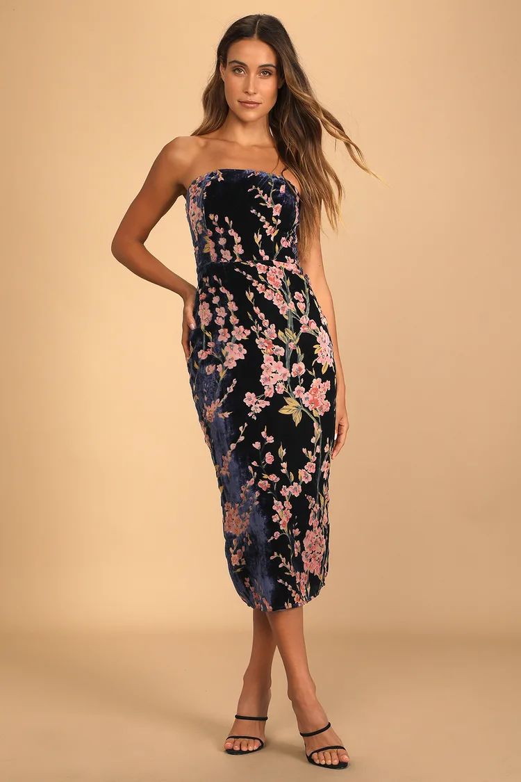 Buy You Flowers Navy Floral Print Velvet Strapless Midi Dress | Lulus (US)