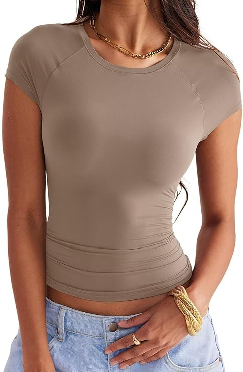 Women's Crewneck Double Lined Short Sleeve T Shirts Casual Cap Sleeve Slim Fit Tees Tops 2024 | Amazon (US)