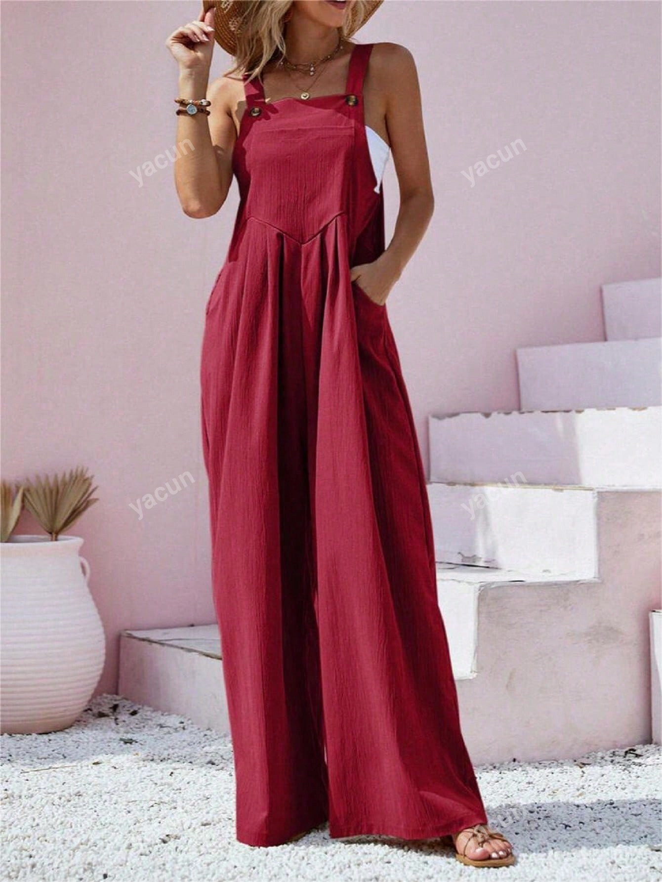 Women's Casual Solid Color Pocket Button Strap Jumpsuit | SHEIN