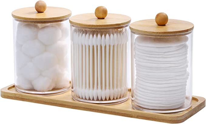 Tbestmax 10 Oz Cotton Swab/Ball/Pad Holder with Vanity Tray, Qtip Apothecary Jar, Clear Bathroom ... | Amazon (US)