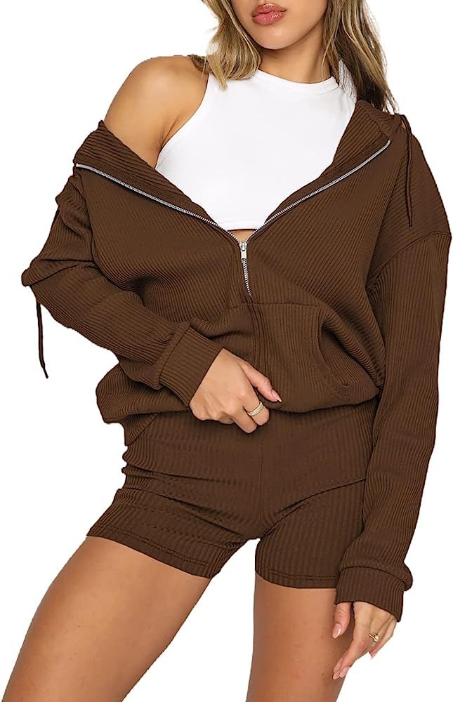 Aleumdr Women's 2 Piece Waffle Knit Lounge Sets Long Sleeve Zip Up Hooded Shorts Outfits Pjs with... | Amazon (US)