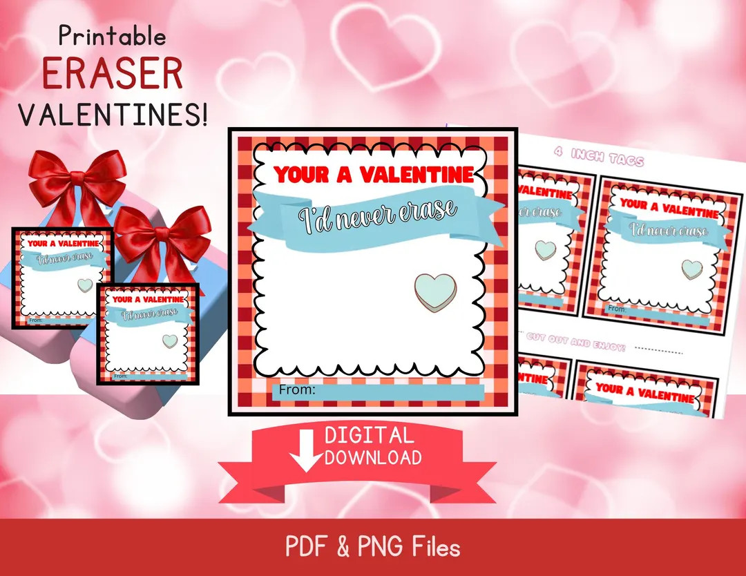 Printable Eraser Valentine Cards | Kids Classroom Valentines (PDF & PNG) - Etsy | Etsy (US)
