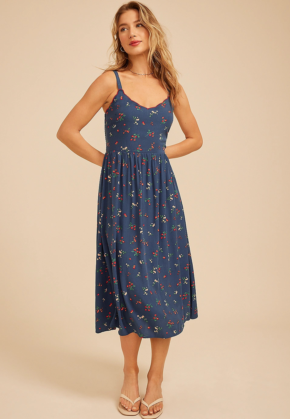 Bare Scallop Fruit Floral Sweetheart Midi Dress | Maurices