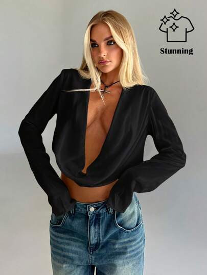 Aloruh Vintage Y2K Grunge Distressed Crop Collar Long Sleeve Shirt For Women | SHEIN