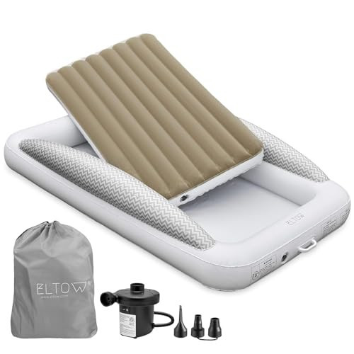 ELTOW Inflatable Toddler Travel Bed with Safety Bumpers, Portable Kids Air Mattress for Travel, Complete Toddler Air Mattress Set with High-Speed Pump & Carry Bag - Gray Chevron | Amazon (US)
