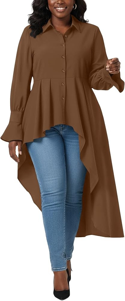 Umenlele Women’s Button Down Long Sleeve Asymmetric Ruffle High Low Hem Blouse Shirt Top | Amazon (US)