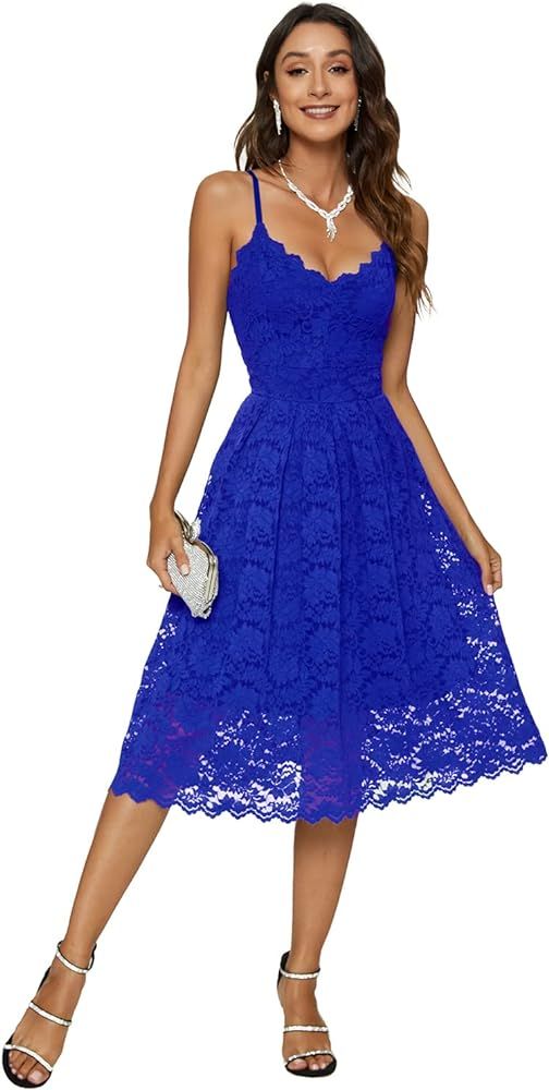 Riatobe Womens Lace Floral Overlay V Neck Sexy Sleeveless Cocktail Party Swing Wedding Dresses | Amazon (US)
